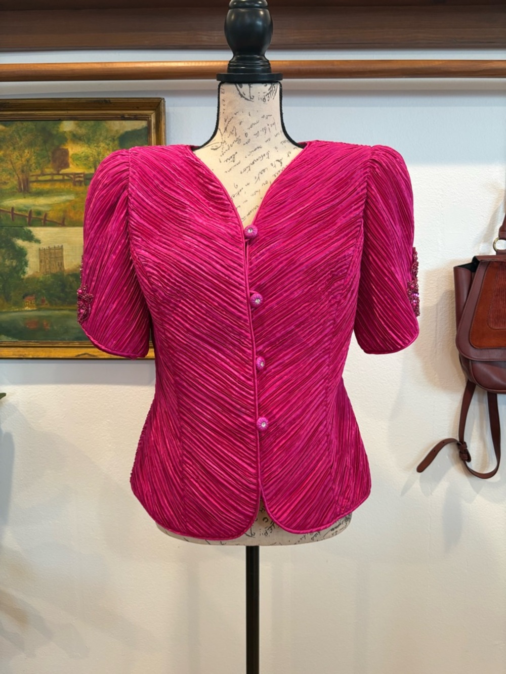 Pink Short Sleeve Textured Button-Front Women's Top